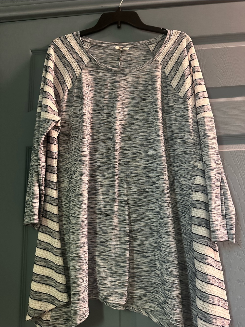 Cato Heathered Gray Pullover with Striped Raglan Sleeves